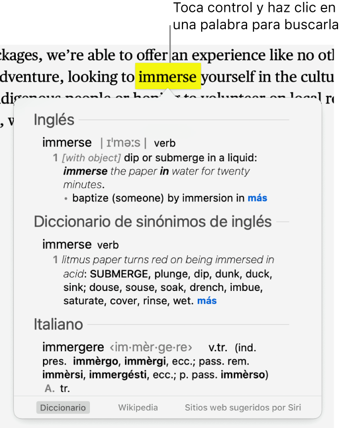 Texto con una palabra resaltada y una ventana en la que se muestra su definición y una entrada en el diccionario de sinónimos. Los tres botones en la parte inferior de la pantalla proporcionan enlaces al diccionario, Wikipedia y sitios web sugeridos por Siri.