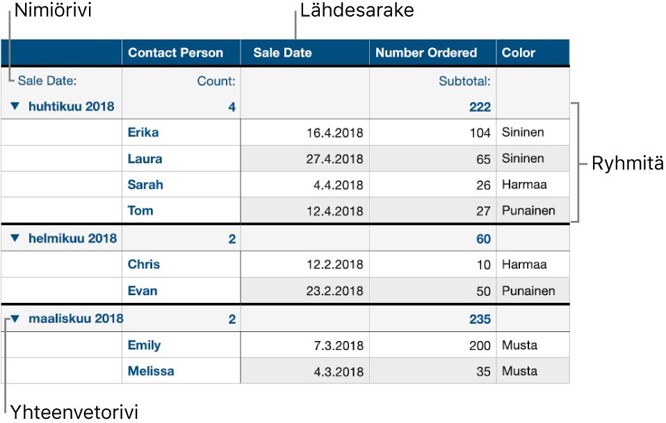 Kategorisoitu taulukko, jossa näkyvät lähdesarake, ryhmät, yhteenvetorivi ja nimiörivi.