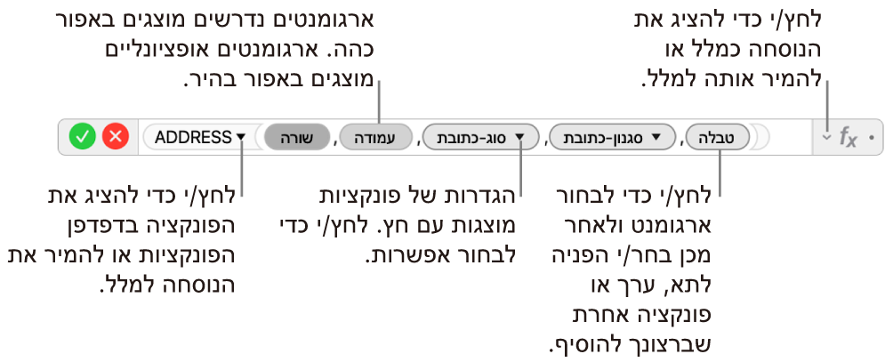 עורך הנוסחאות מציג את הפונקציה ADDRESS ואת אסימוני הארגומנטים שלה.