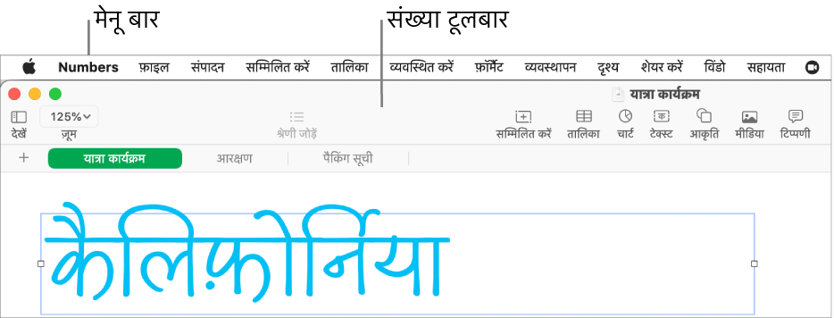 Apple, Numbers, फ़ाइल, संपादित करें, "डालें", फ़ॉर्मैट करें, व्यवस्थित करें, देखें, शेयर करें, विंडो और सहायता मेनू के साथ स्क्रीन के शीर्ष पर मेनू बार। मेनू बार के नीचे एक खुली हुई Numbers स्प्रेडशीट होती है जिसमें शीर्ष पर देखें, ज़ूम करें, श्रेणी जोड़ें, "डालें", तालिका, चार्ट, टेक्स्ट, आकृति, मीडिया और टिप्पणी के लिए टूलबार बटन होते हैं।