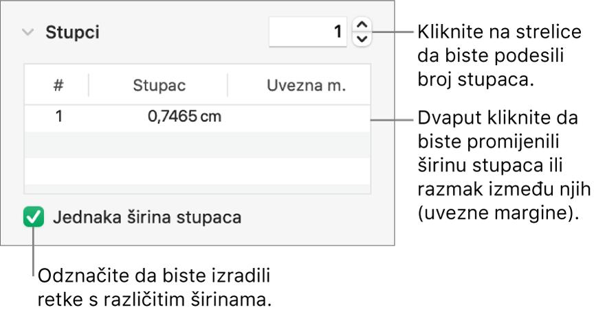 Kontrole u odjeljku sa stupcima koje služe za promjenu broja stupaca i širine svakog stupca.