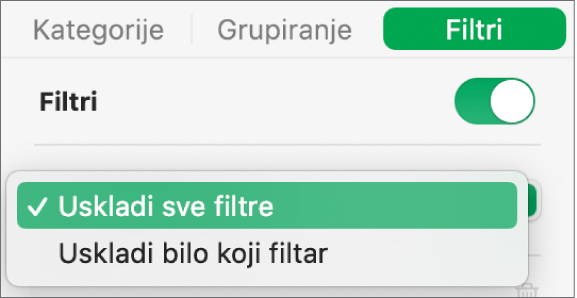 Skočni izbornik za odabir između prikaza redaka koji odgovaraju svim filtrima ili onih koji odgovaraju bilo kojem filtru.