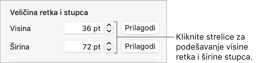 Kontrole za precizno podešavanje veličine retka ili stupca.