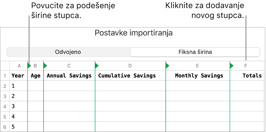 Postavke importiranja za tekstualnu datoteku fiksne širine.