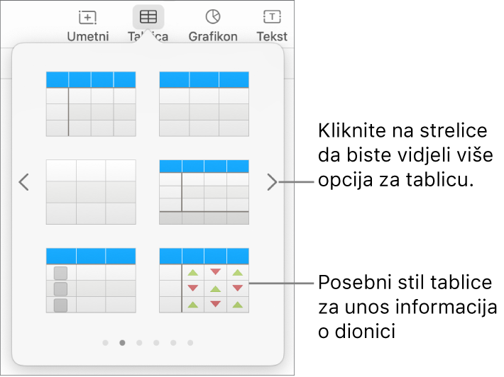 Izbornik tablice prikazuje minijature stilova tablica, s posebnim stilom za unos informacija o dionici u donjem desnom kutu. Šest točaka na dnu označavaju da možete povući za prikaz ostalih stilova.