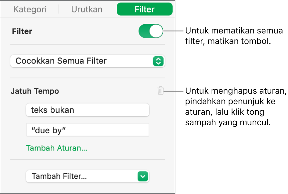 Kontrol untuk menghapus filter atau mematikan semua filter.