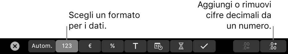 Touch Bar di MacBook con i controlli per scegliere un formato per i dati e per aggiungere o rimuovere le cifre decimali da un numero.