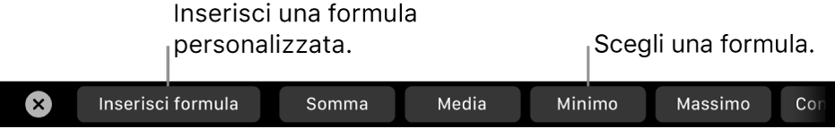Touch Bar di MacBook Pro con i controlli per inserire le tue formule e per sceglierne una comunemente utilizzata.