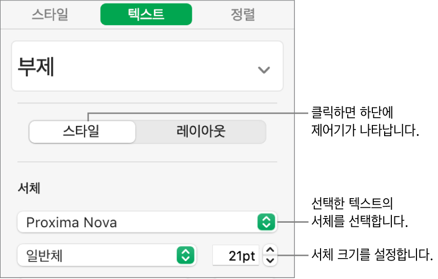 서체 및 서체 크기 설정을 위한 포맷 사이드바 스타일 섹션의 텍스트 제어기.