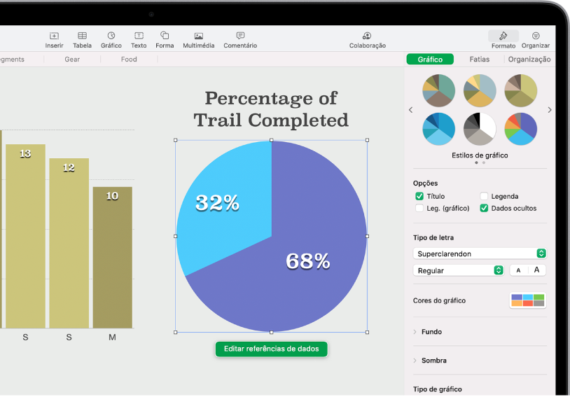 Um gráfico circular com percentagens dos trilhos concluídos. O menu Formatação também está aberto, mostrando diferentes estilos de gráfico à escolha, assim como opções para ativar ou desativar o título ou a legenda do gráfico, mostrar dados ocultos e editar o tipo de letra, as cores e o fundo do gráfico.