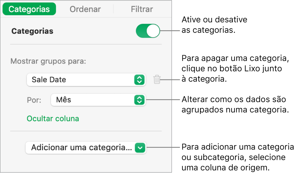 A barra lateral das categorias com opções para desativar as categorias, apagar categorias, reagrupar dados, ocultar uma coluna de origem e adicionar categorias.