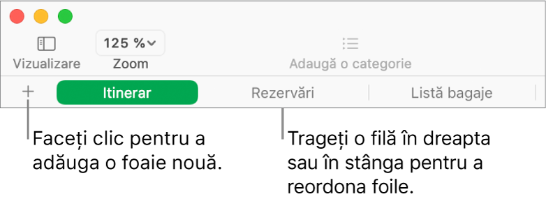 Bara cu file pentru adăugarea unei foi noi și reorganizarea foilor.