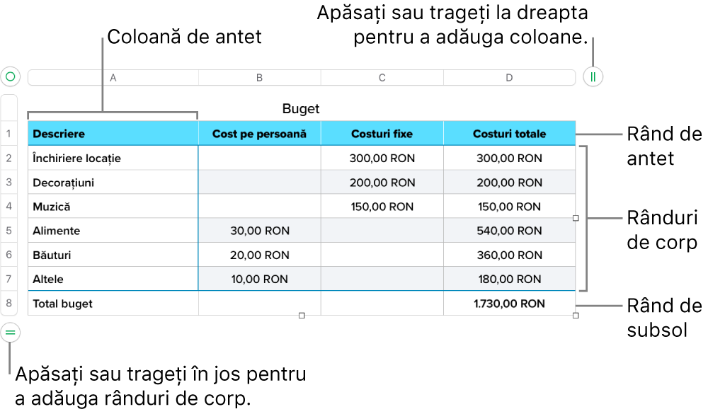 Un tabel, cu rânduri și coloane pentru antet, corp și subsol și mânere pentru adăugarea sau ștergerea rândurilor sau coloanelor.