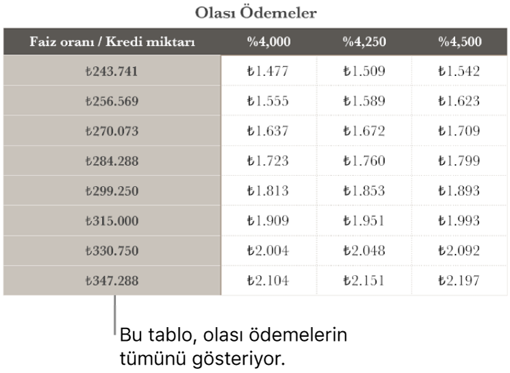 Karşılanabilir faiz oranları için filtre uygulanmadan önce görünen ev kredisi tablosu.