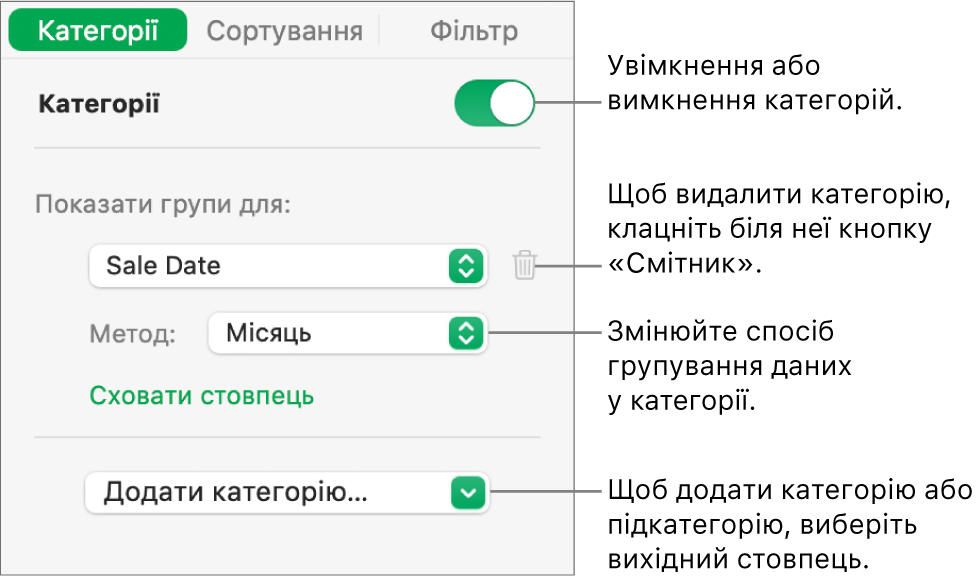 Бічна панель категорій містить опції для вимикання й видалення категорій, перегрупування даних, приховування вихідного стовпця й додавання категорій.