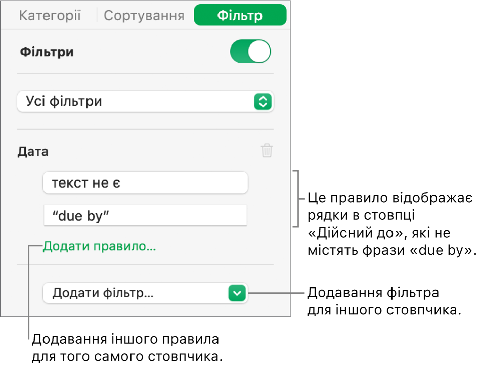 Елементи керування для створення правил фільтрування.