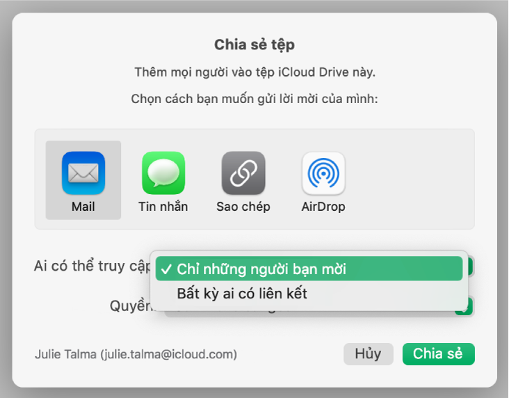Phần Tùy chọn chia sẻ của hộp thoại cộng tác có menu “Ai có thể truy cập” bật lên đang mở và “Chỉ những người bạn mời” được chọn.