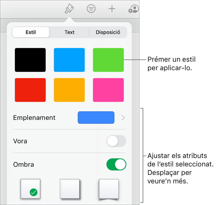 Pestanya Gràfic del botó Format, amb estils de gràfic a la part superior i el botó “Opcions del gràfic” a la part inferior.