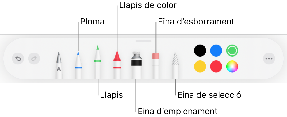 La barra d’eines de dibuix, amb una ploma, un llapis, un llapis de colors, l’eina d’emplenament, l’eina d’esborrament, l’eina de selecció i colors. A l’extrem dret hi ha el botó del menú Més.