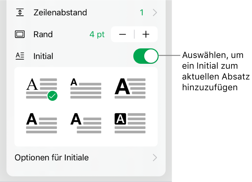 Die Steuerelemente für das Initial befinden sich unten im Menü „Text“.