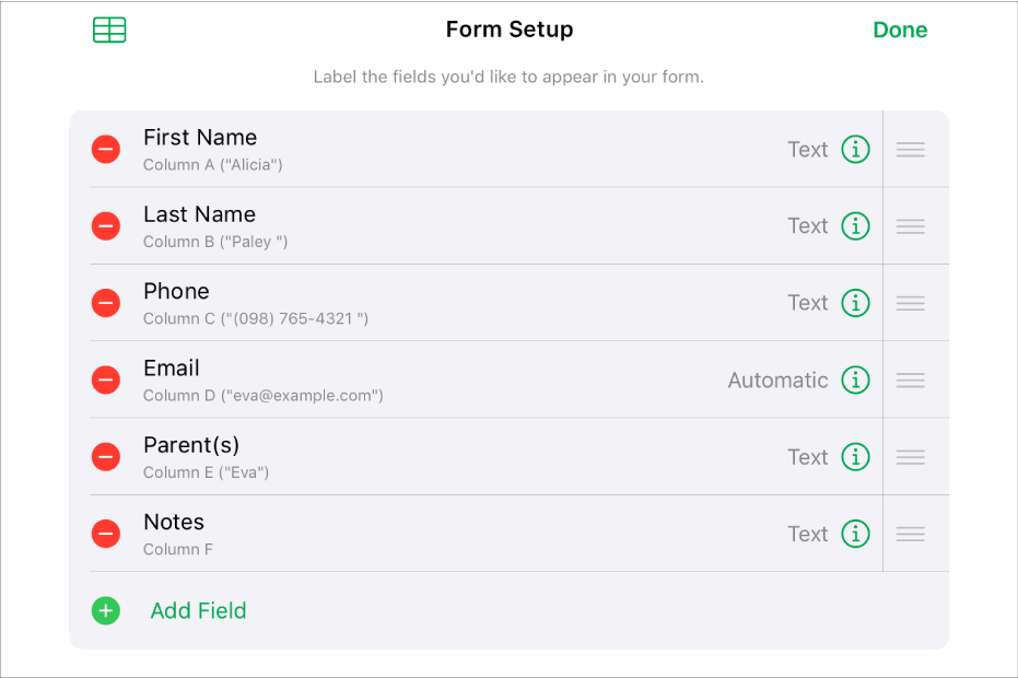 Form setup mode, showing options to add, edit, reorder and delete fields, as well as to change the format of fields (such as from Text to Percentage).