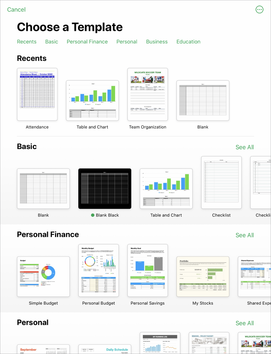 The template chooser, showing a row of categories across the top that you can tap to filter the options. Below are thumbnails of predesigned templates arranged in rows by category, starting with Recents at the top and followed by Basic and Personal Finance. A See All button appears above and to the right of each category row. The Language and Region button is in the top-right corner.