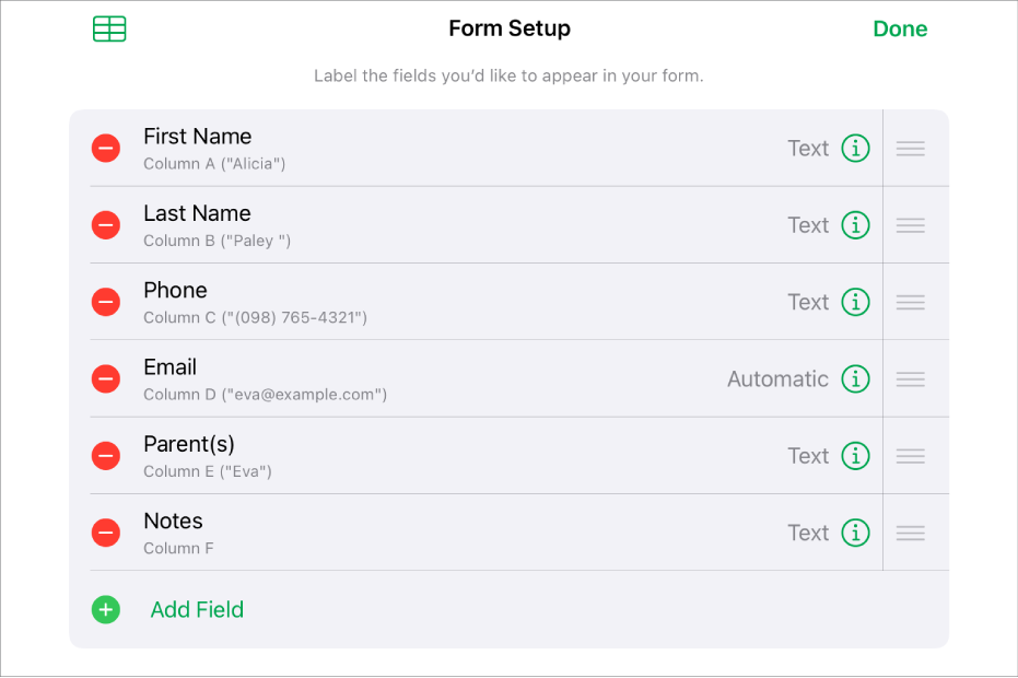 Form setup mode, showing options to add, edit, reorder, and delete fields, as well as to change the format of fields (such as from Text to Percentage).