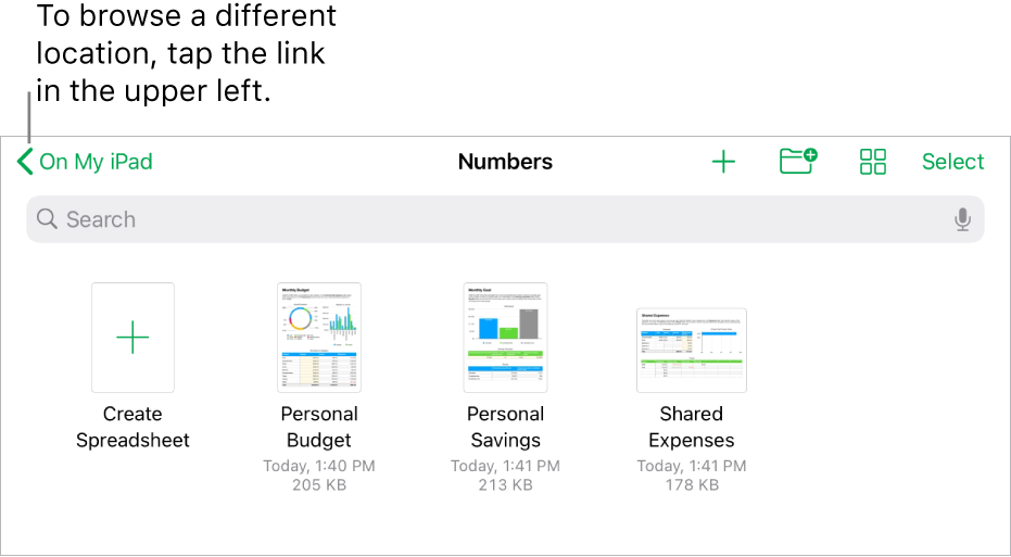 The browse view of the spreadsheet manager with a location link in the top-left corner and below it a Search field. In the top-right corner are the Add a Spreadsheet button; the New Folder button; a pop-up menu to use list or icon view, and to filter by name, date, size, kind, and tag; and the Select button. Below these are thumbnails of existing spreadsheets.