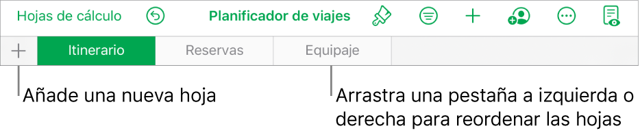 La barra de pestañas para añadir una nueva hoja, navegar por las hojas, reordenarlas y reorganizarlas.