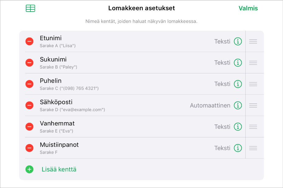 Lomakkeen asetustila, jossa on vaihtoehdot kenttien lisäämiselle, muokkaamiselle, uudelleenjärjestämiselle ja poistamiselle sekä kenttien muodon muuttamiselle (kuten tekstistä prosenttiarvoksi).