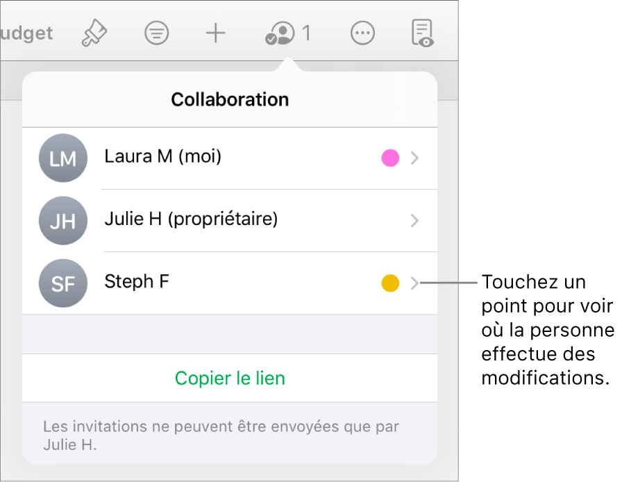 La liste des participants comprend trois participants et un point de couleur différente à droite de chaque nom.