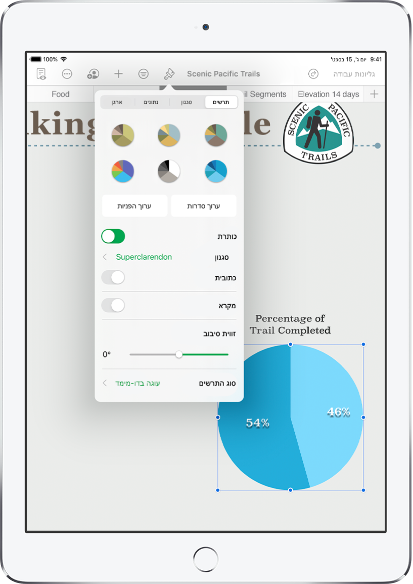 תרשים עוגה המציג אחוזים של מסלולים שהושלמו. התפריט ״עיצוב״ פתוח גם הוא, ומציג סגנונות תרשים שונים לבחירה, כמו גם אפשרויות לעריכת הסדרות או ההפניות לתאים, להפעלה או ביטול של שם התרשים או המקרא, לשינוי זווית הסיבוב של התרשים ולשינוי סוג התרשים.