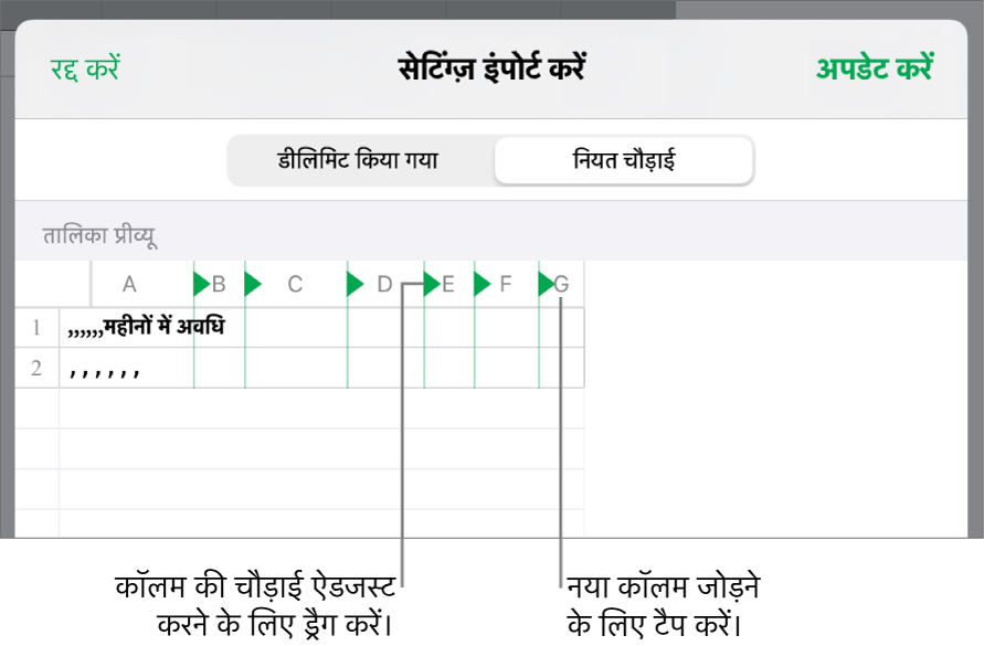 नियत चौड़ाई टेक्स्ट फ़ाइल के लिए आयात सेटिंग्ज़।