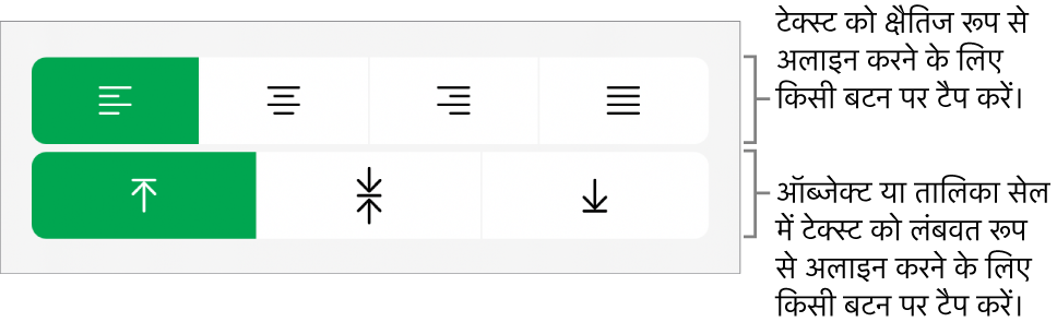 टेक्स्ट के लिए क्षैतिज और लंबवत अलाइनमेंट बटन।