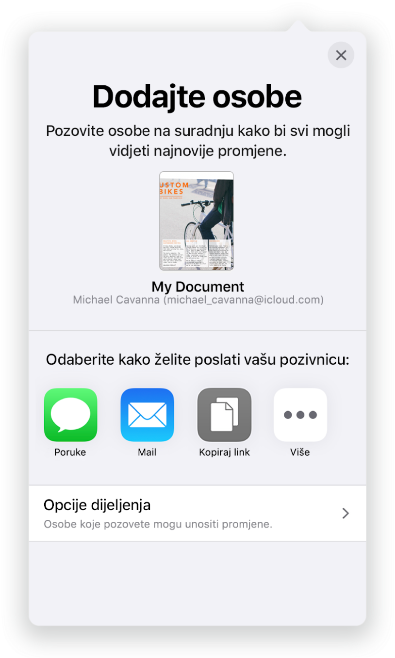Zaslon Dodaj osobe prikazuje sliku tabličnog dokumenta koji se dijeli. Ispod njega nalaze se tipke za načine slanja pozivnice, uključujući Mail, Kopiraj link i Ostalo. Na dnu se nalazi tipka Opcije dijeljenja.