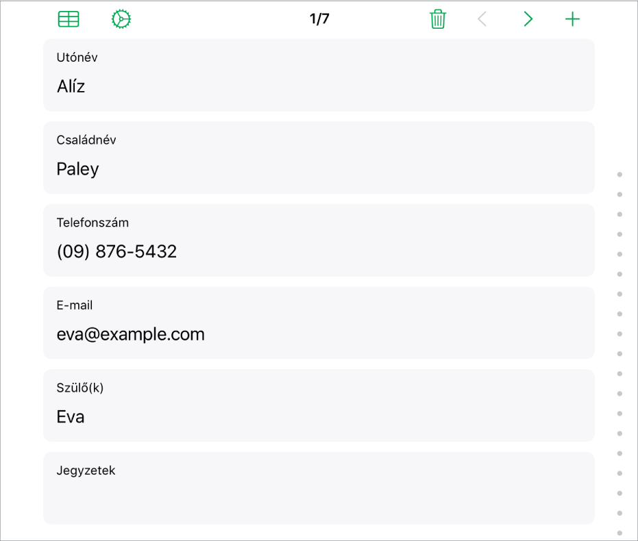 Egy űrlap bejegyzése, név, telefonszám, e-mail, stb. mezőkkel. Továbbá, a linkelt táblázat megtekintésére, az űrlapbeállítás módra és a bejegyzések közötti váltogatásra szolgáló vezérlők is láthatók.