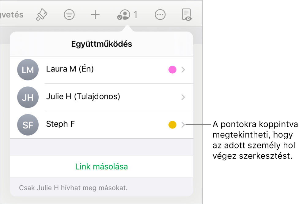 A résztvevők listája három résztvevővel és az egyes nevektől jobbra található eltérő színű ponttal.