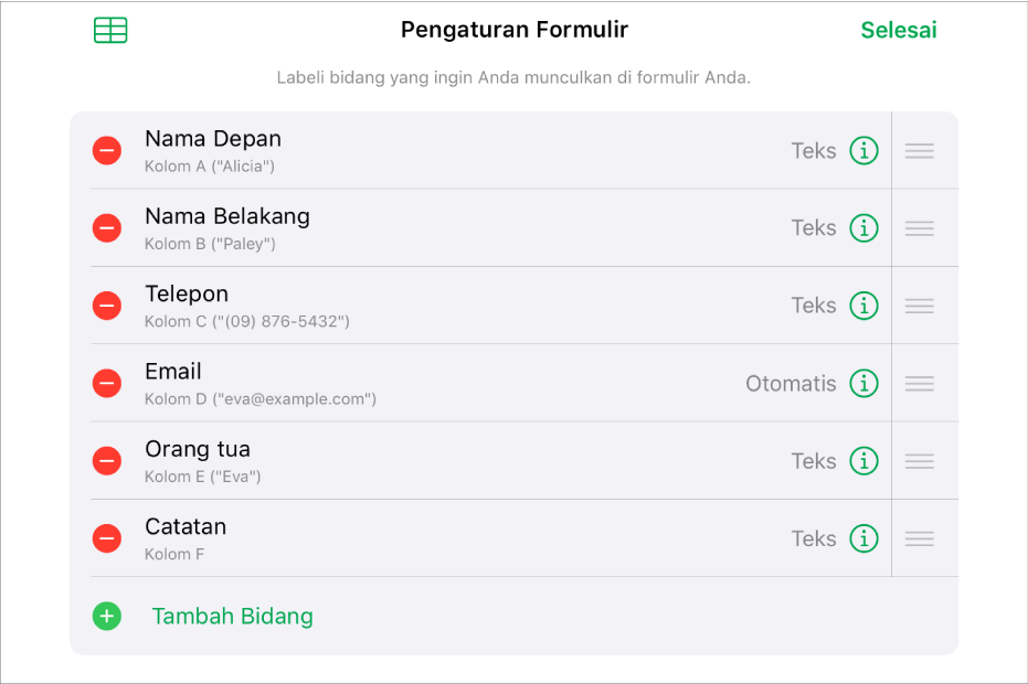 Mode pengaturan formulir, menampilkan pilihan untuk menambahkan, mengedit, menyusun ulang, dan menghapus bidang, serta untuk mengubah format bidang (seperti dari Teks ke Persentase).