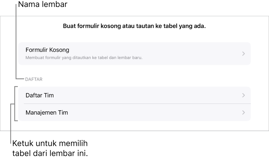 Daftar tabel yang ada di spreadsheet yang sama, dengan pilihan untuk membuat formulir kosong di bagian atas.