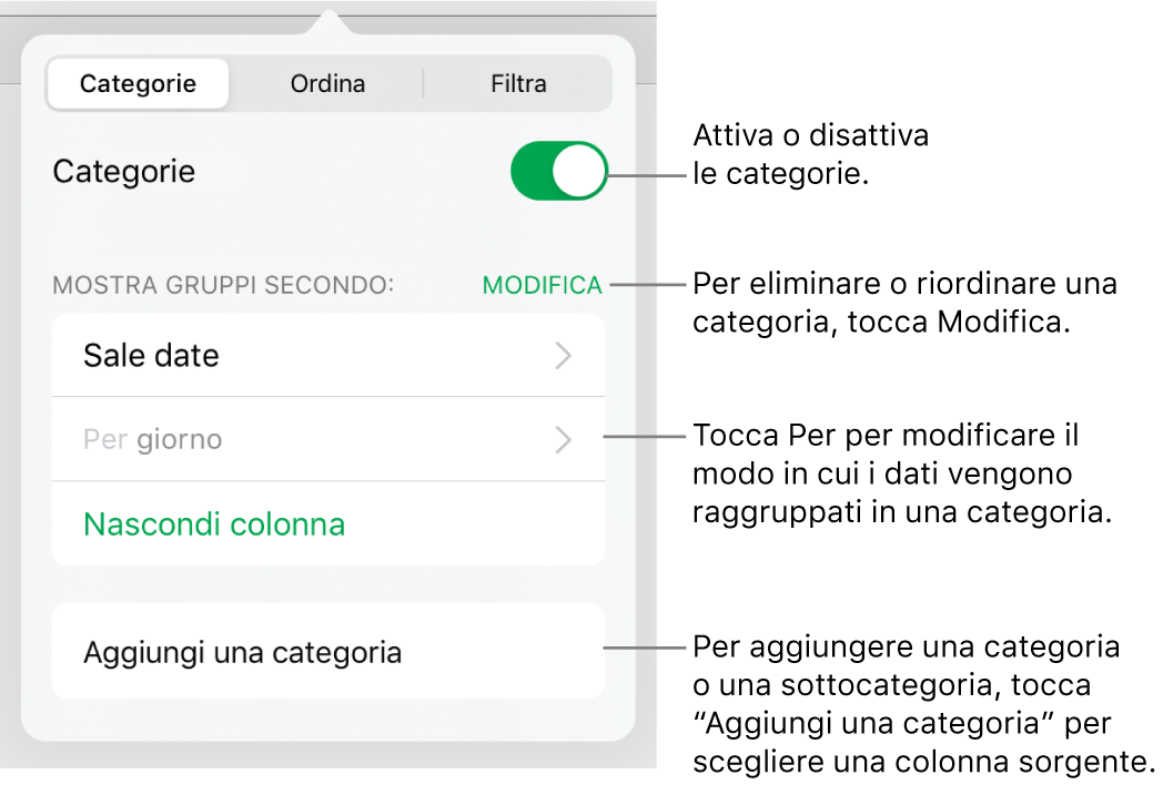 Il menu delle categorie in iPad con opzioni per disattivare le categorie, eliminare le categorie, raggruppare i dati, nascondere una colonna sorgente e aggiungere le categorie.