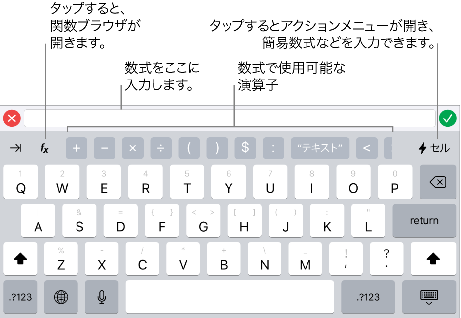 数式キーボード。一番上に数式エディタ、その下には数式に使用される演算子が表示されています。演算子の左側には関数ブラウザを操作する「関数」ボタン、右側にはアクションメニューボタンが表示されています。