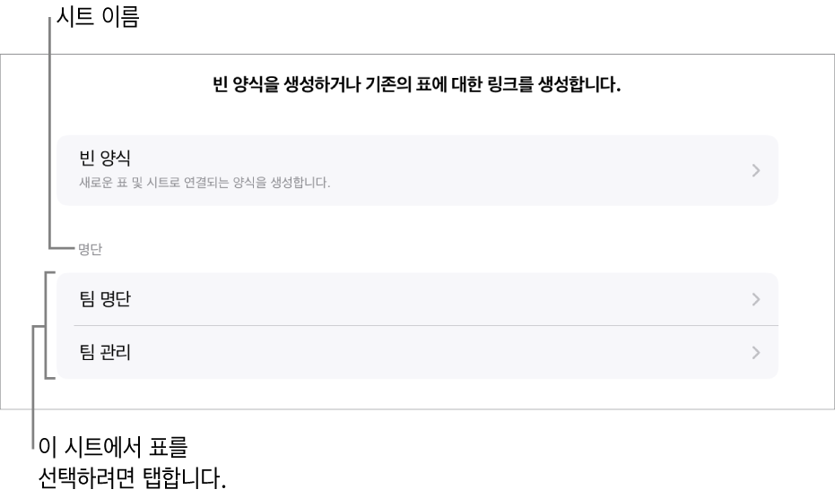 상단에 빈 양식을 생성하는 옵션이 있는 동일한 스프레드시트에 있는 표 목록.