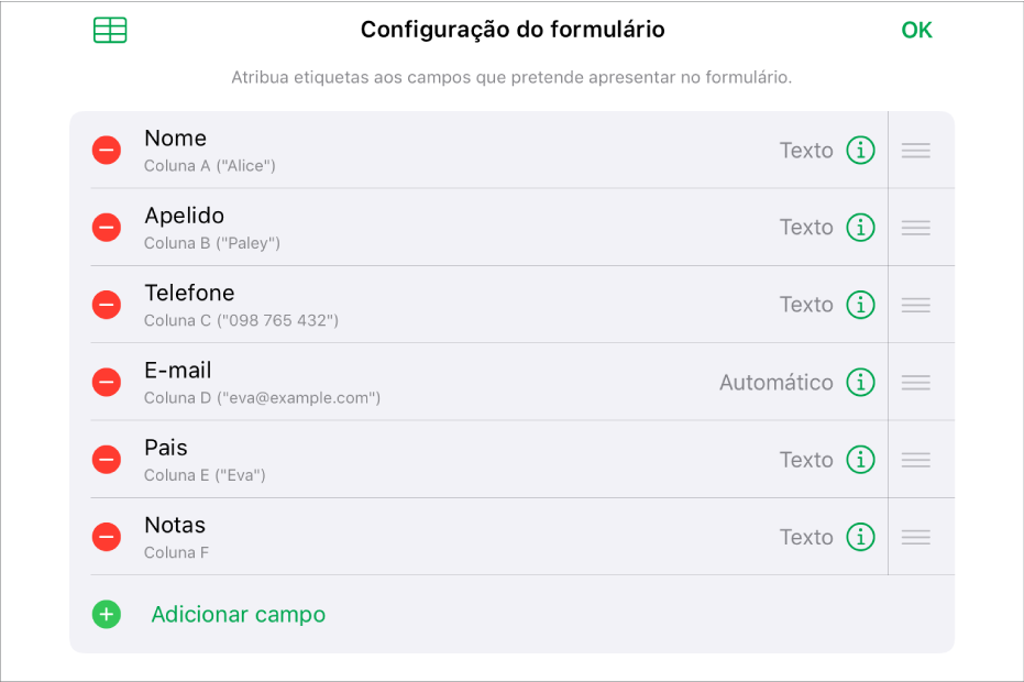 O modo de configuração do formulário, a mostrar opções para adicionar, editar, reordenar e apagar campos, assim como para alterar o formato dos campos (tal como de Texto para Percentagem).