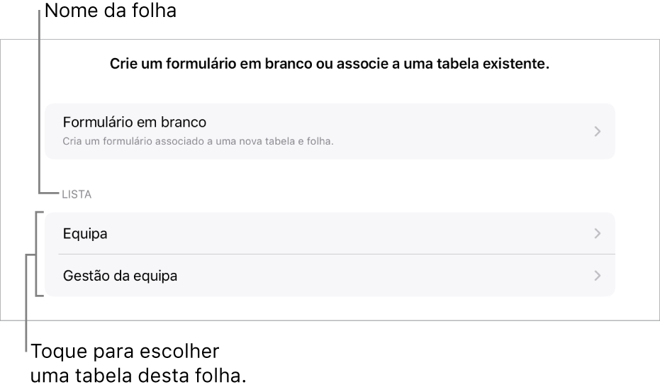 Uma lista de tabelas que estão na mesma folha de cálculo com a opção para criar um formulário em branco na parte superior.