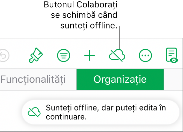 Butoanele din partea de sus a ecranului, cu butonul Colaborați transformat într-un nor traversat de o linie diagonală. Pe ecran apare o alertă „Sunteți offline, dar puteți edita în continuare”.