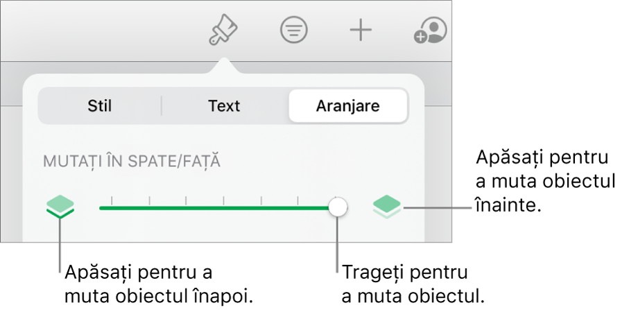 Butonul Deplasare înapoi, butonul Deplasare înainte și glisorul pentru straturi.