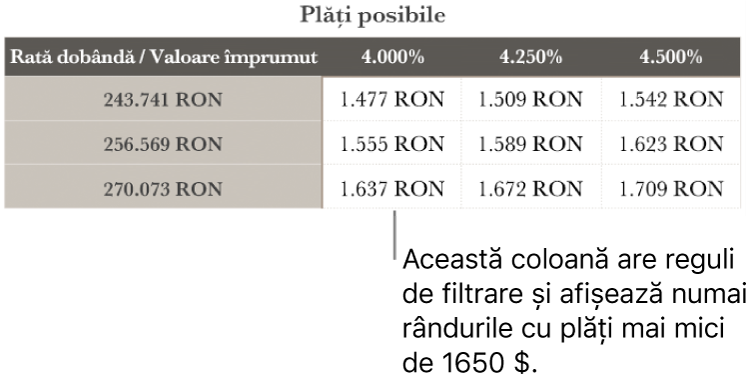 Un tabel care afișează ipoteca după filtrarea în funcție de ratele de dobândă pe care vi le permiteți.