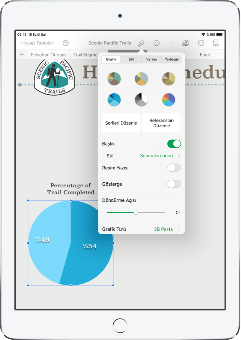 Tamamlanan parkur yüzdelerini gösteren bir pasta grafiği. Biçim menüsü de açık ve aralarından seçim yapabileceğiniz farklı grafik stillerinin yanı sıra serileri veya grafik referanslarını düzenleme, grafik başlığını veya göstergeyi açıp kapatma, grafiğin döndürme açısını ayarlama ve grafik türünü değiştirme seçenekleri de gösteriliyor.