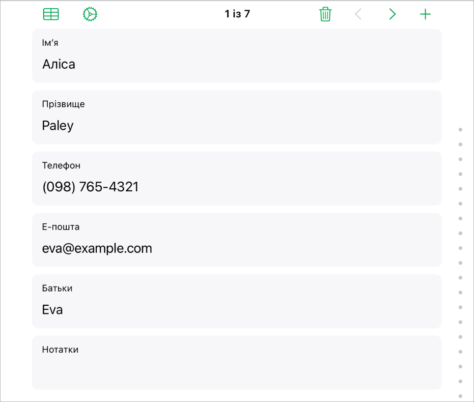 Один запис у формі з полями для імені, номера телефону, електронної адреси тощо. Також відображаються елементи керування для перегляду пов’язаної таблиці, переходу в режим настроювання та переходу між записами.
