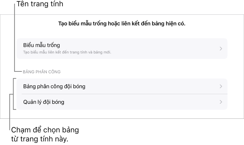 Danh sách các bảng trong cùng một bảng tính, với tùy chọn để tạo biểu mẫu trống ở trên cùng.